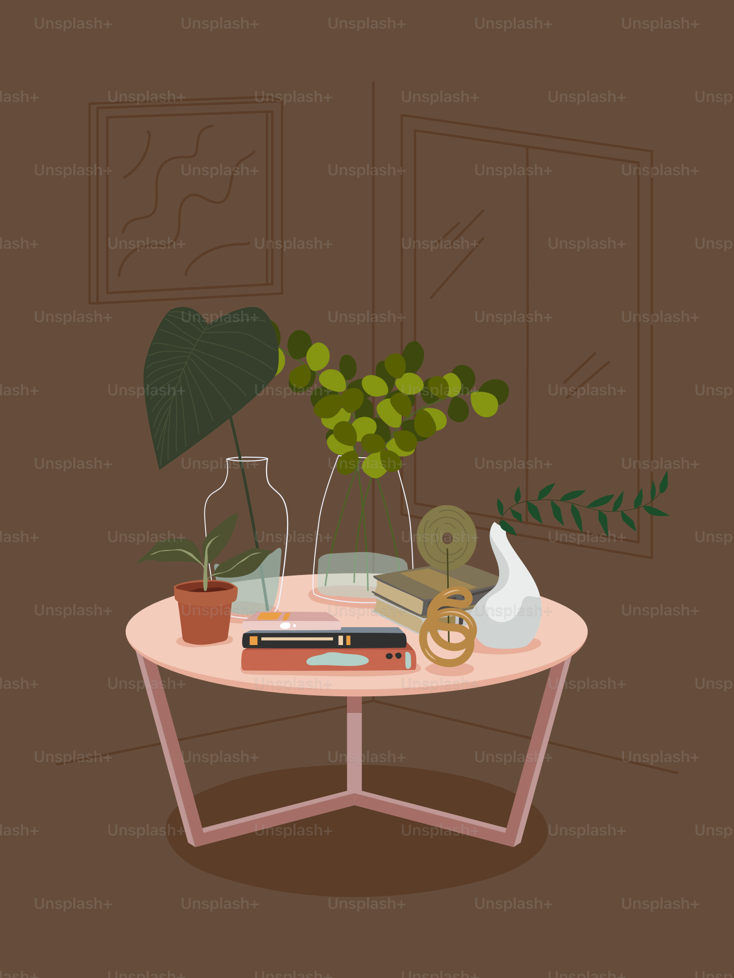 植物と本が置かれたテーブル