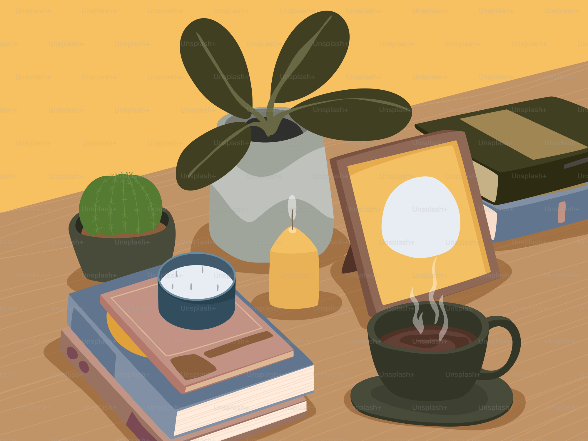 Uma tabela com livros, uma planta envasada e uma moldura