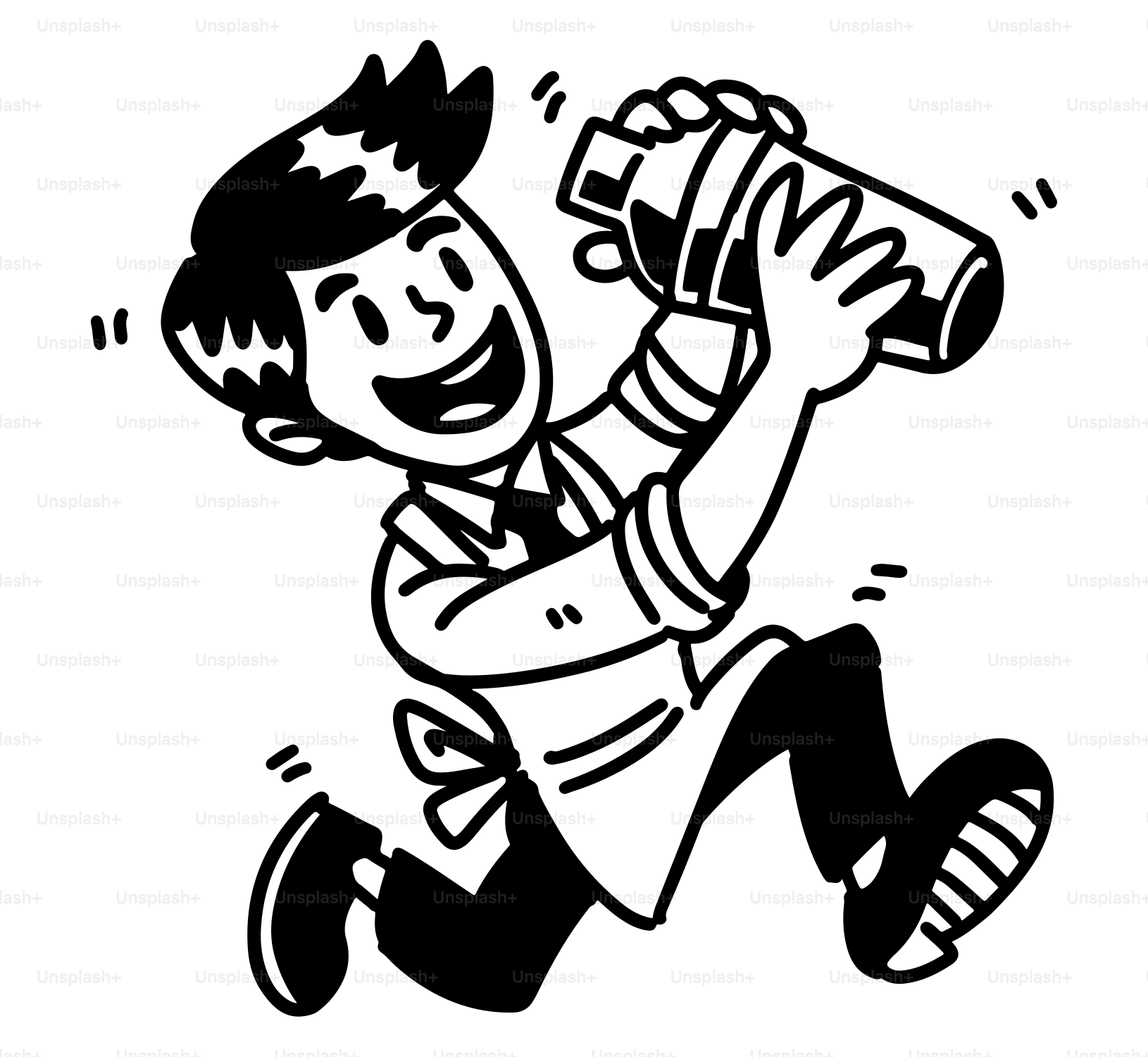 A black and white drawing of a boy with a camera