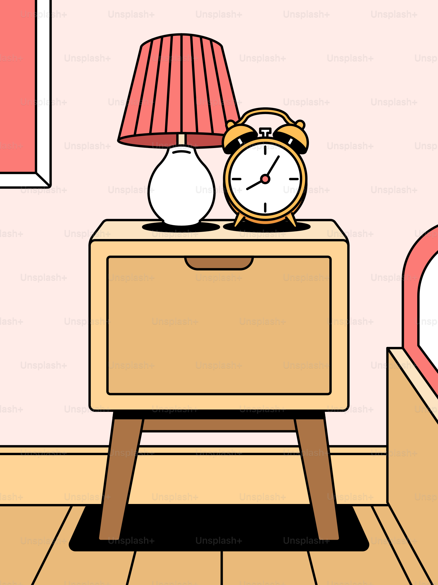 Ein Zimmer mit einer Lampe und einer Uhr auf einem Tisch