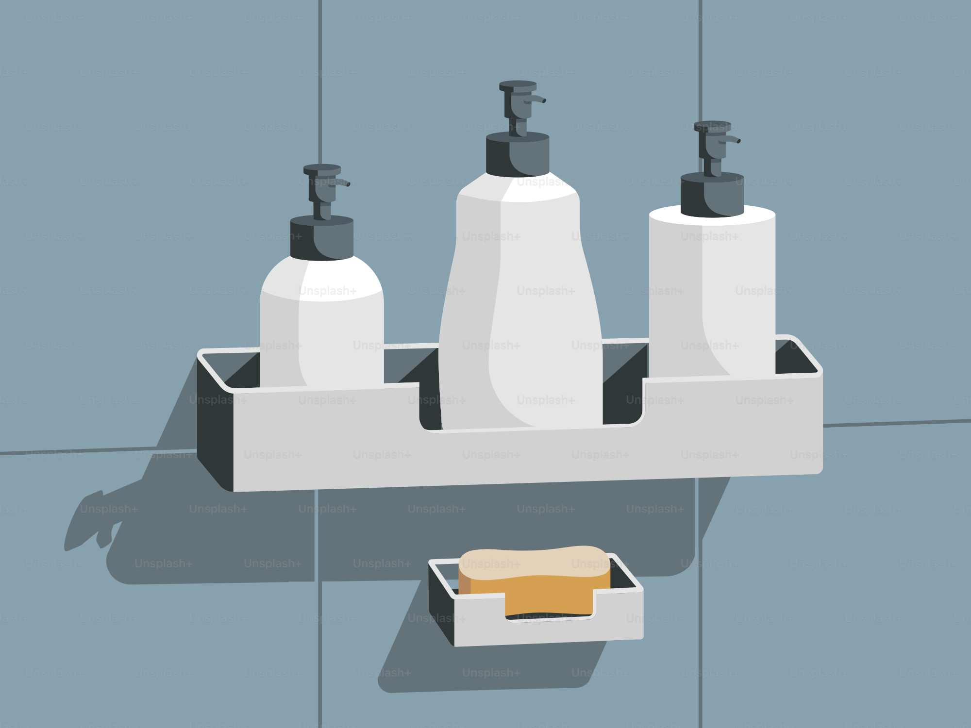 A bathroom shelf with soap and lotion on it