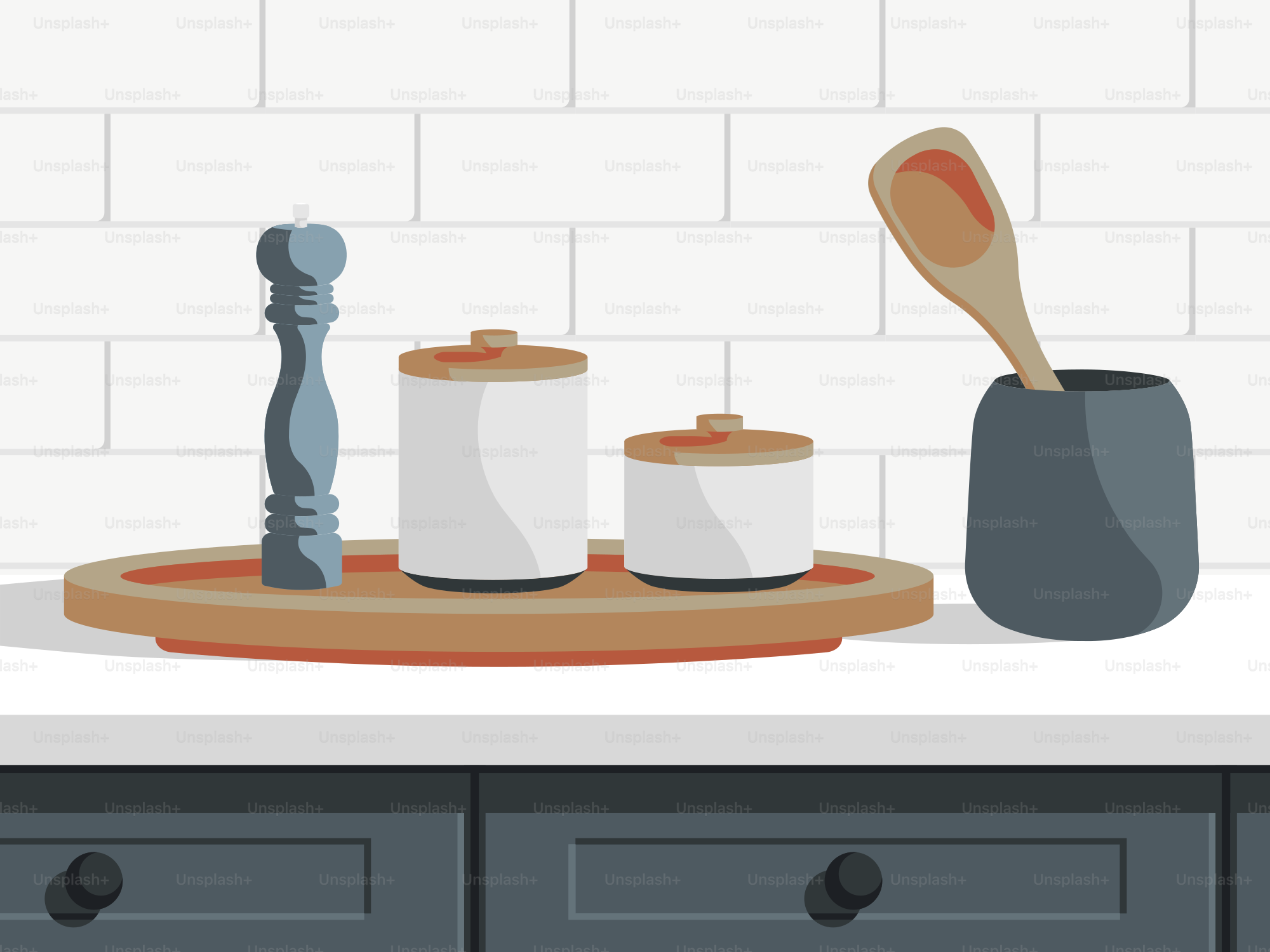 A kitchen counter with a wooden spatula and a can of paint