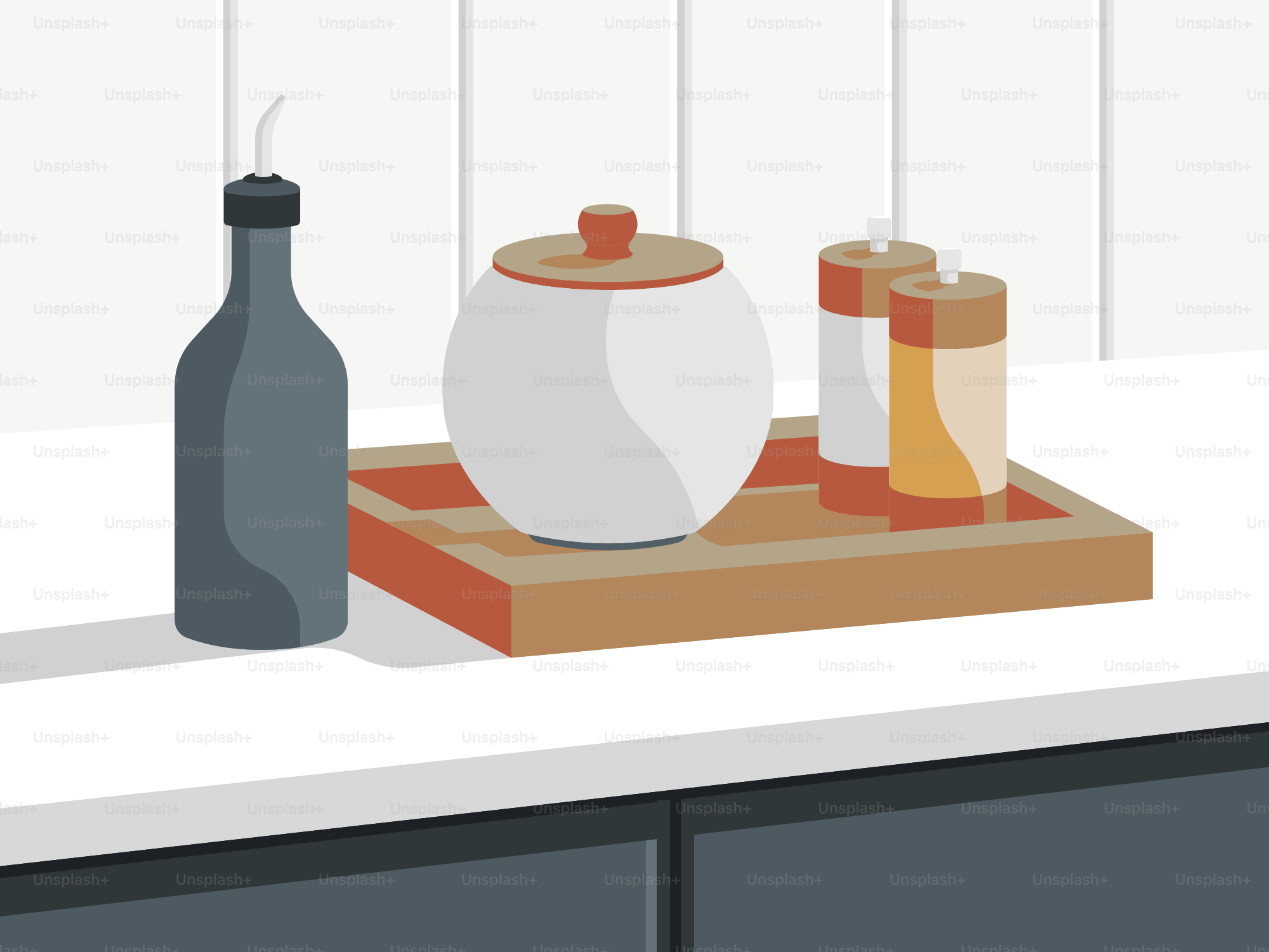 A kitchen counter with a cutting board and a bottle on it
