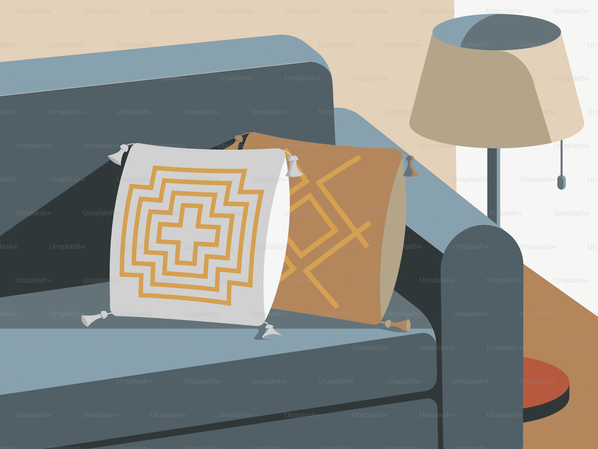 A living room with a blue couch and a lamp