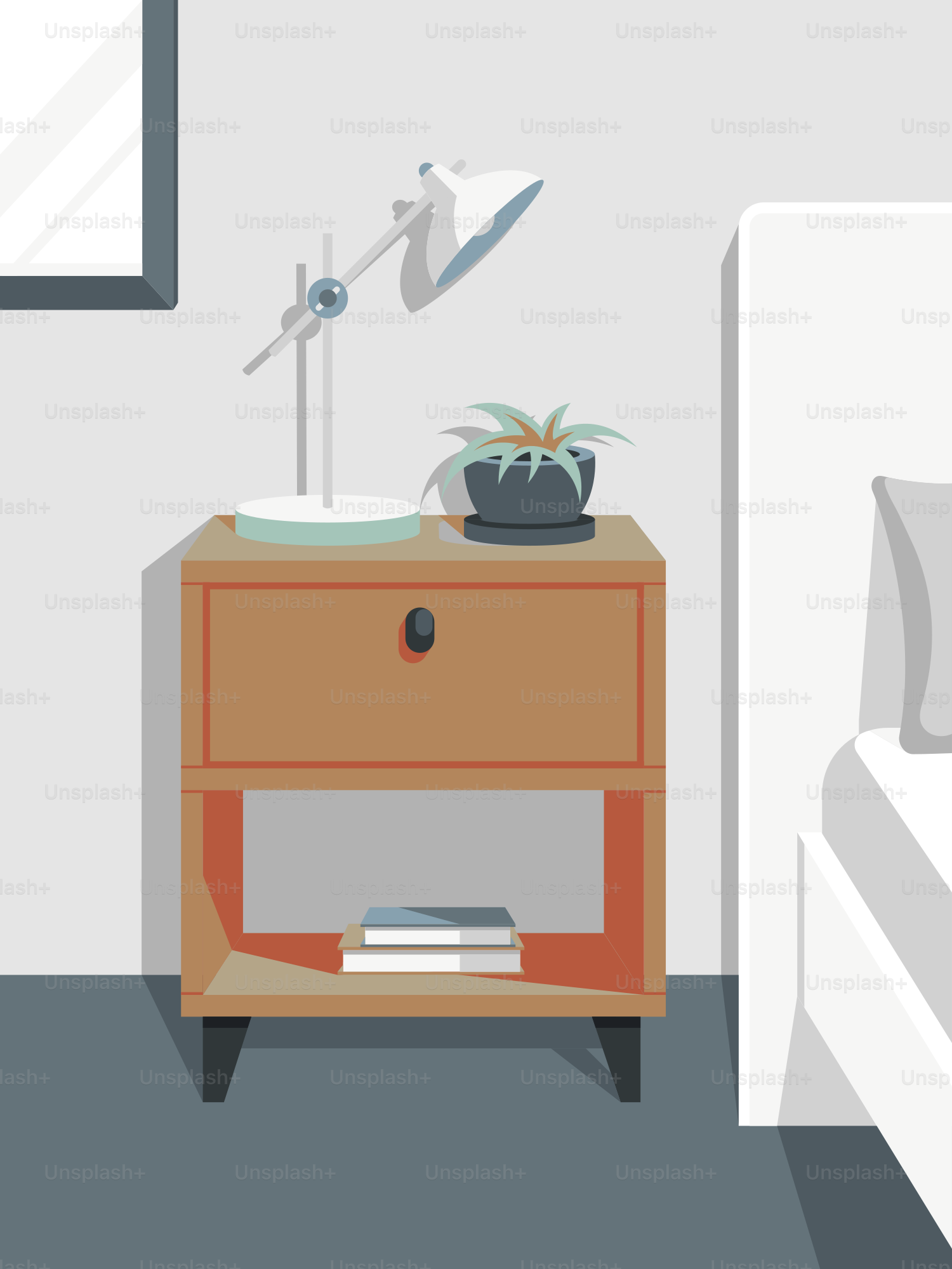 A nightstand with a plant on top of it