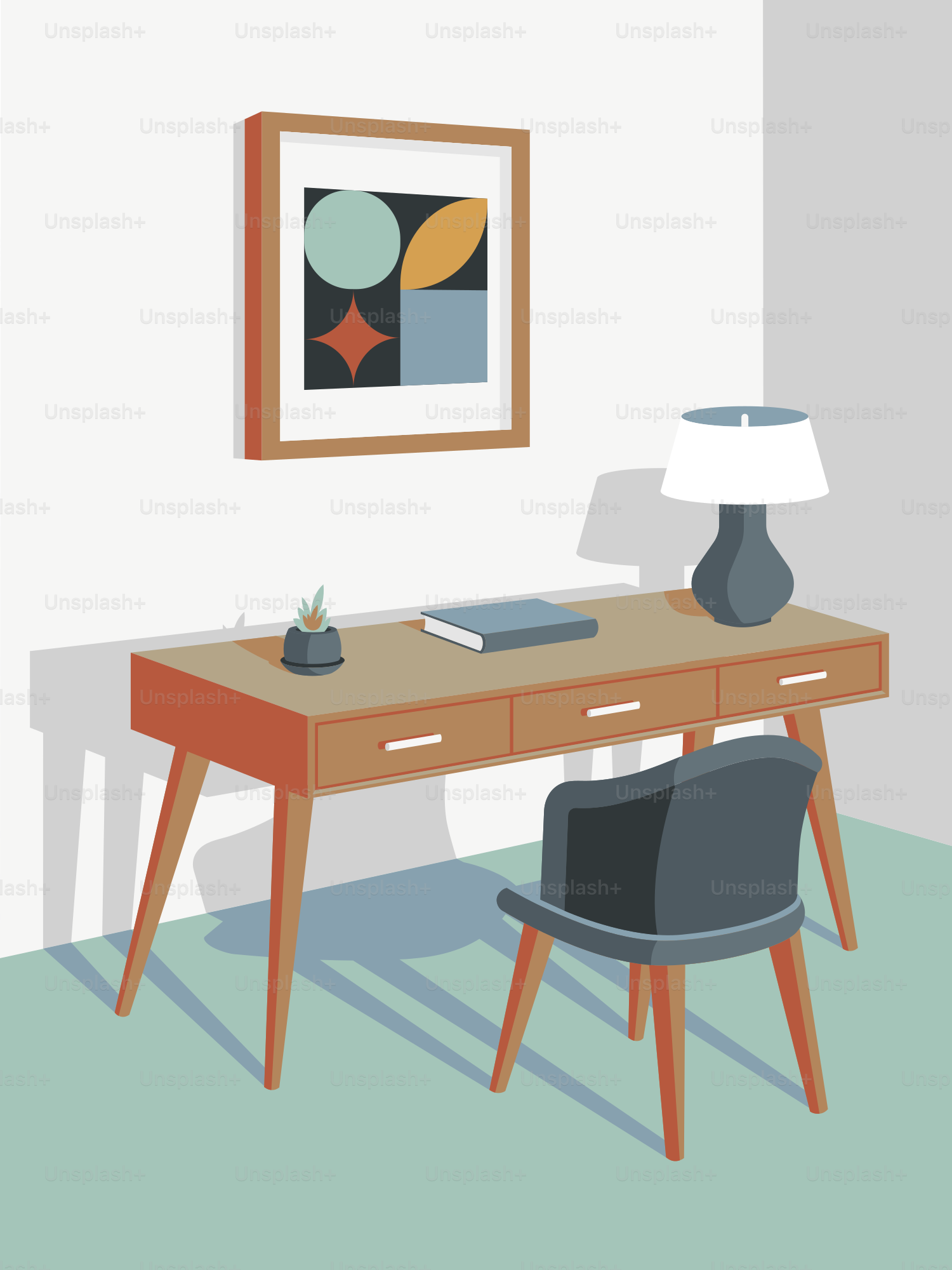 A room with a desk, chair, lamp and picture on the wall