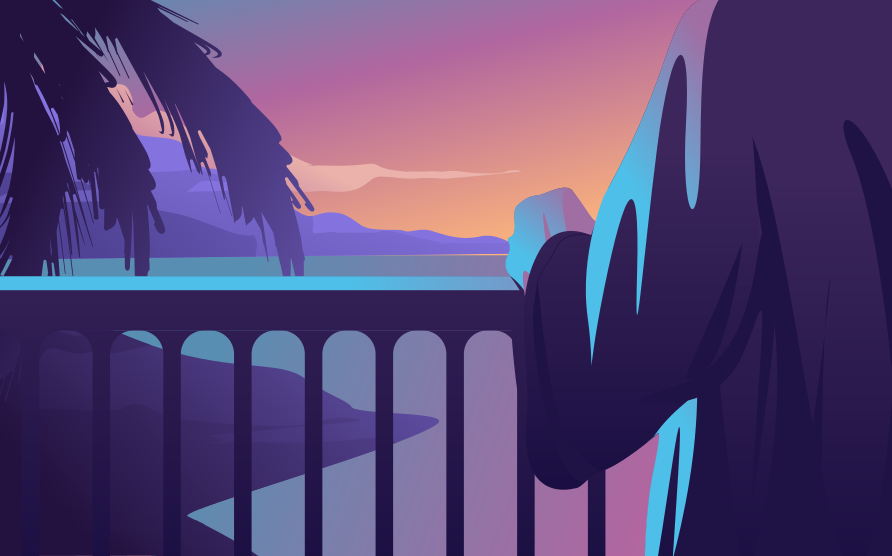 A painting of a palm tree in front of a sunset