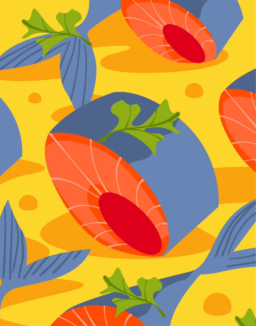 Un patrón de peces naranjas y azules sobre fondo amarillo