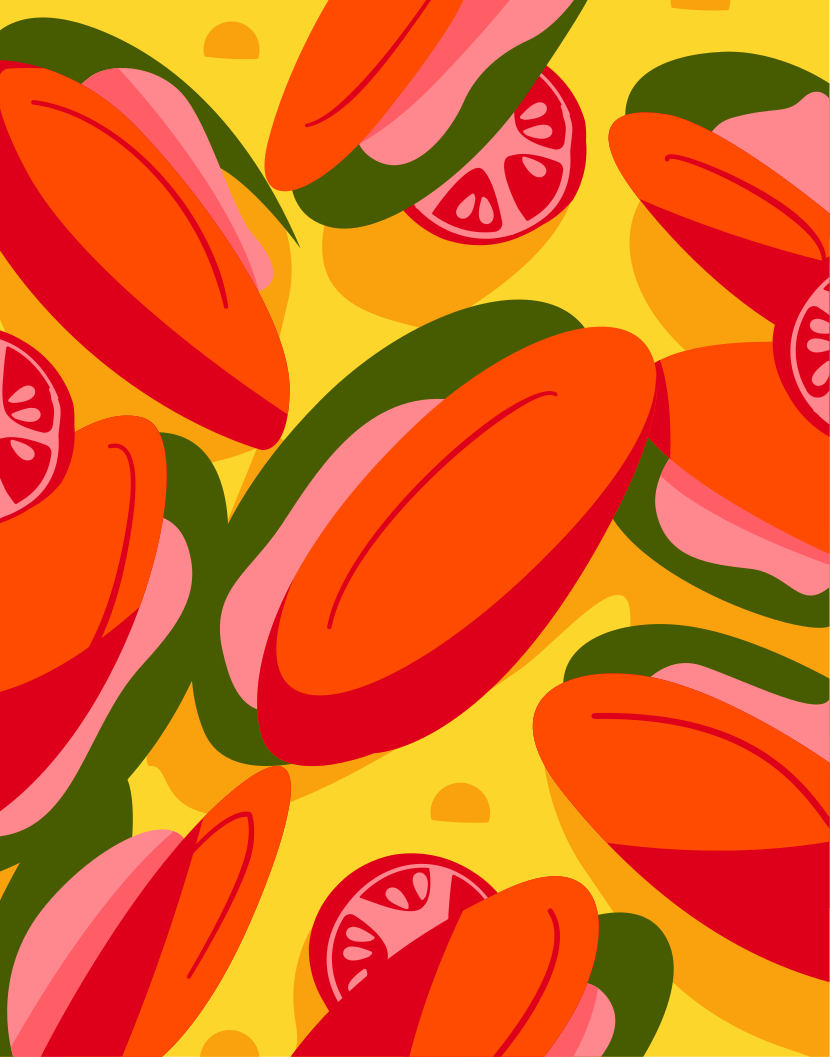 Ein Bild von einer Menge Orangen auf gelbem Hintergrund