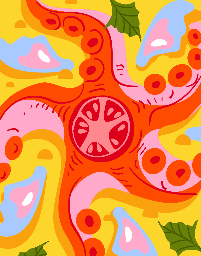 Una foto de un pulpo naranja y rosa sobre un fondo amarillo