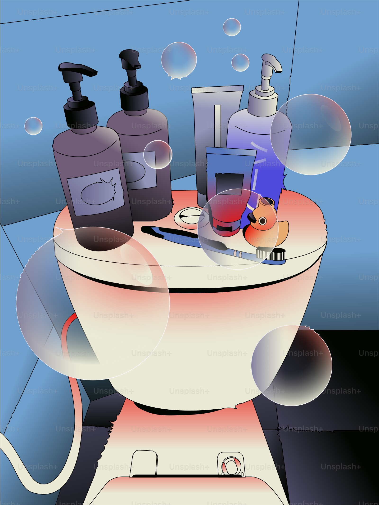 A toilet with soap, shampoo, and other items on it