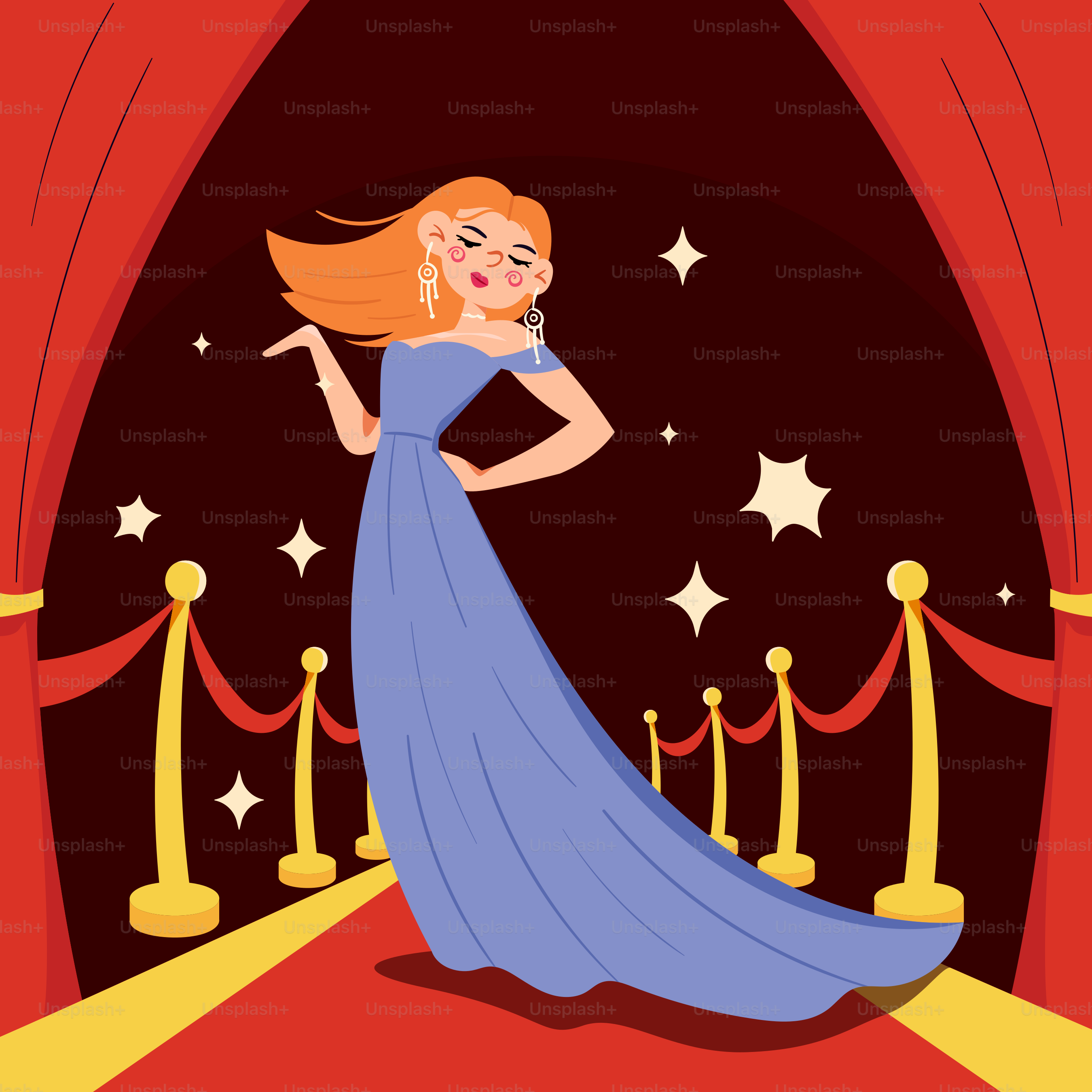 Une femme en robe bleue debout devant un rideau rouge