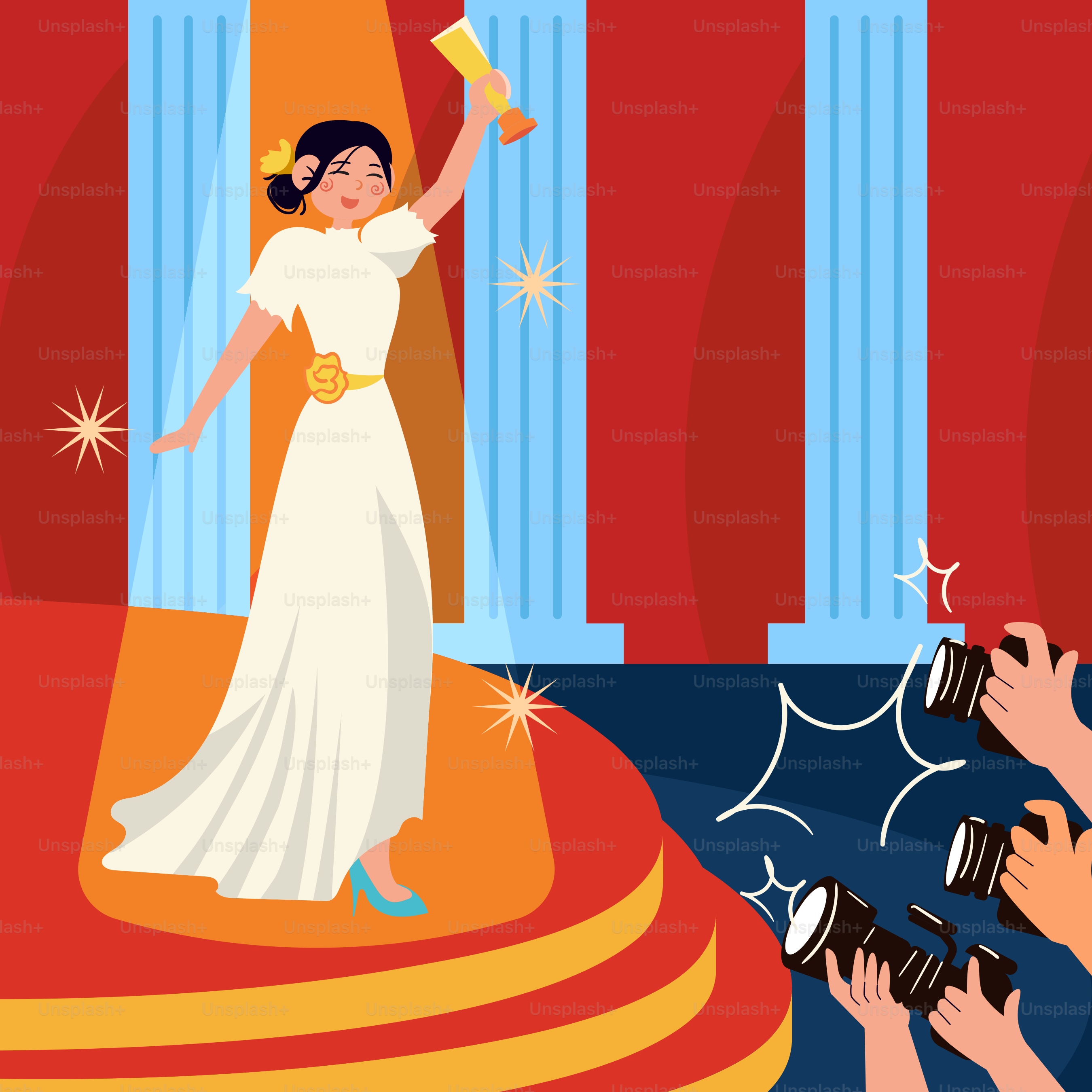 A woman in a white dress standing on a stage