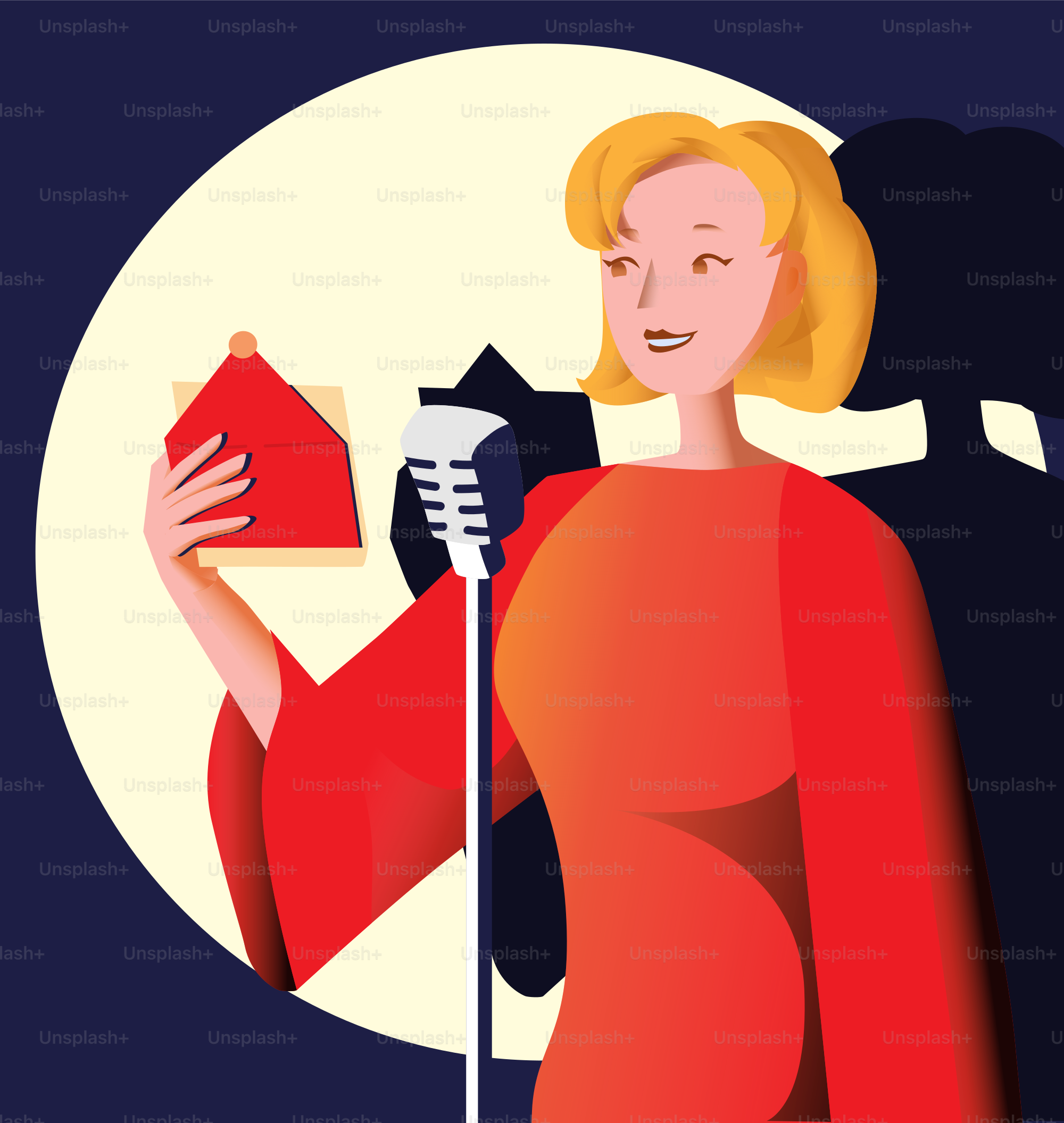 A woman in a red dress holding a microphone