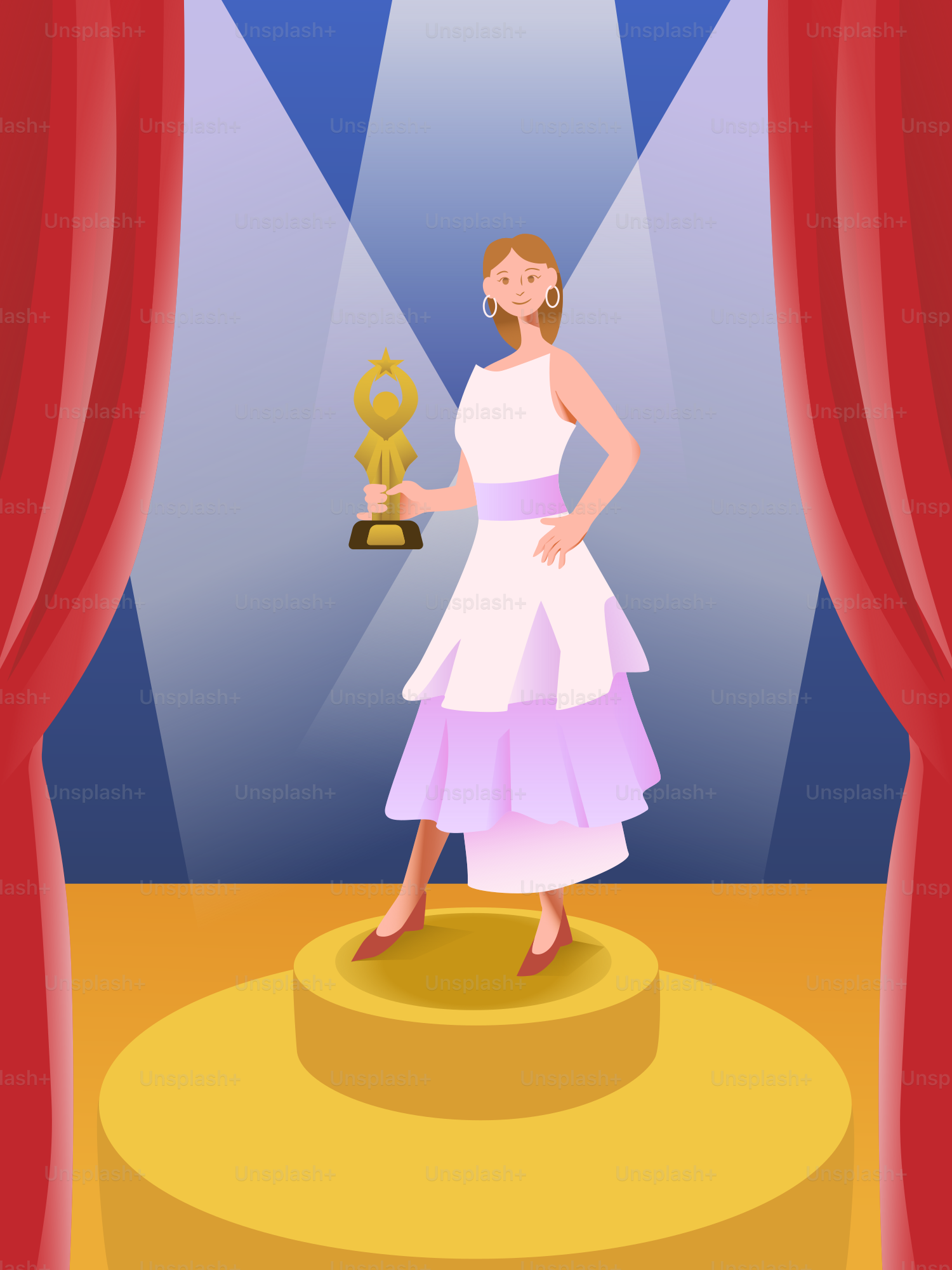 A woman standing on a stage holding a trophy