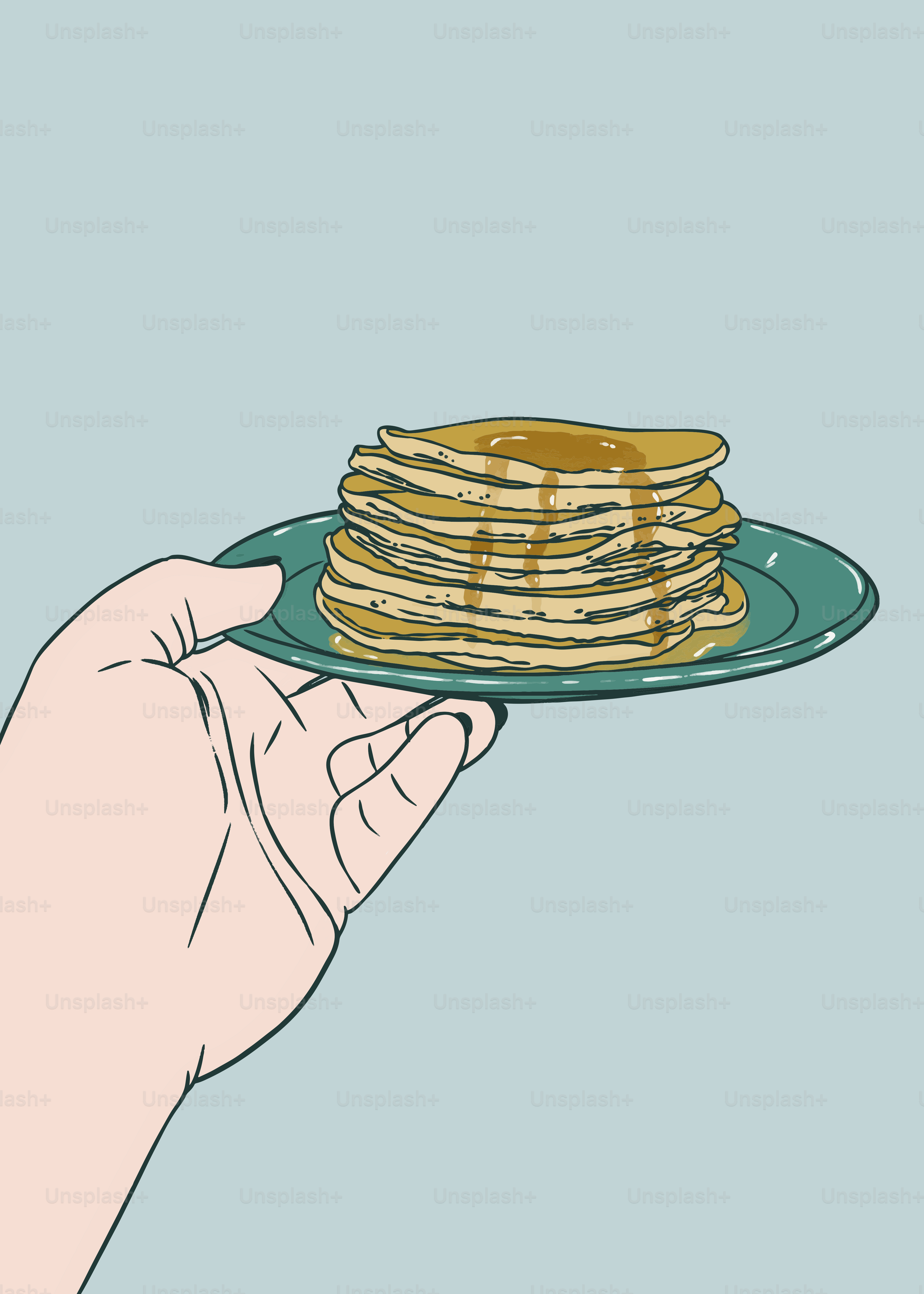 A hand holding a plate with pancakes on it
