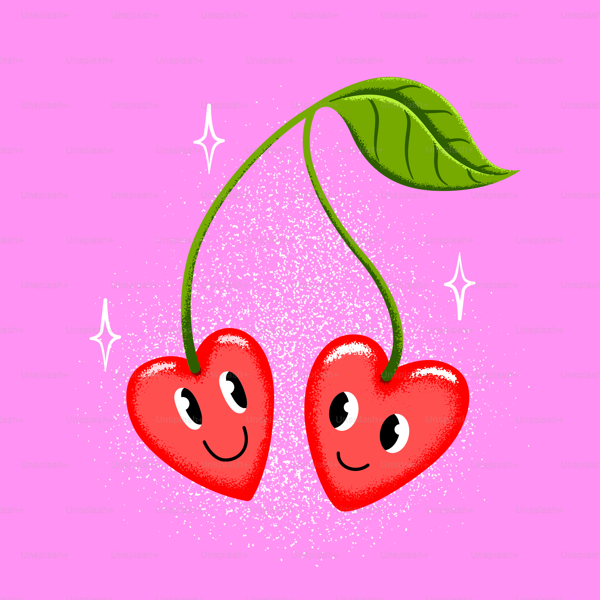 Two cherries hanging from a green leaf on a pink background