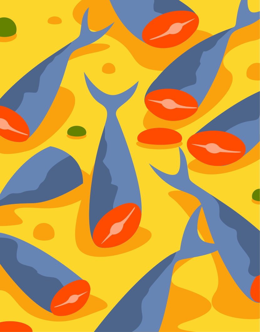 A painting of a group of fish swimming in the ocean