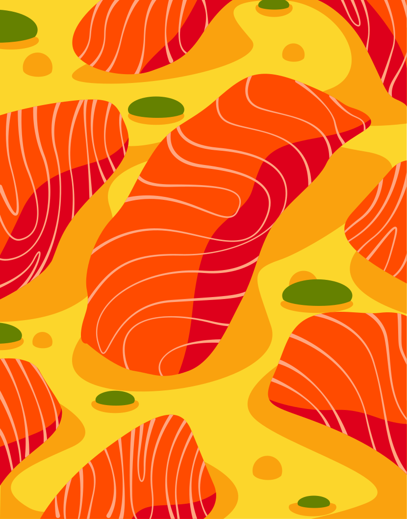 Una foto de rodajas de salmón sobre un fondo amarillo