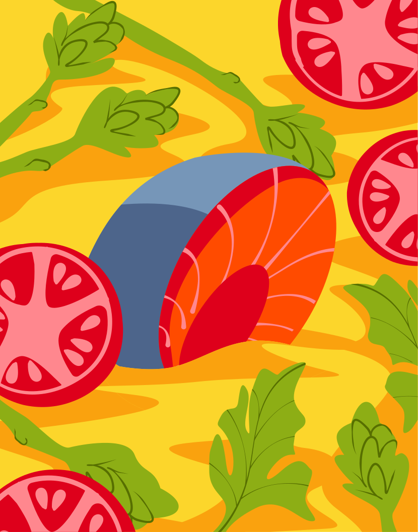 Una imagen de tomates sobre fondo amarillo