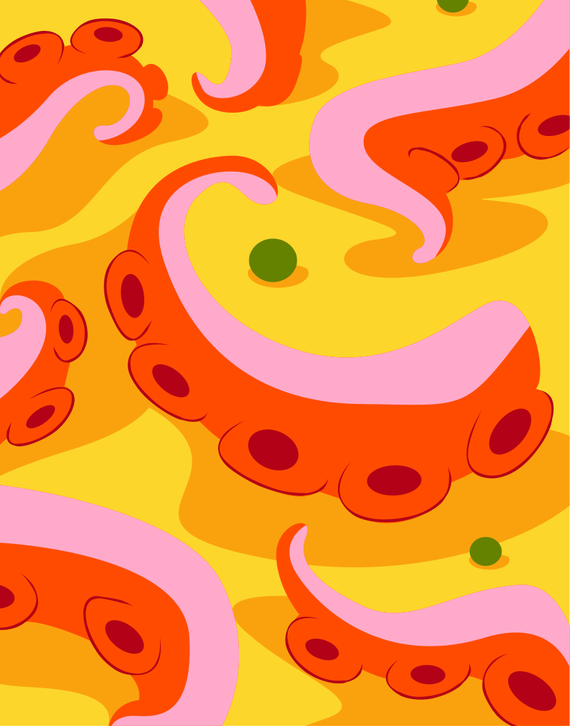 Una imagen de un patrón naranja y rosa sobre un fondo amarillo