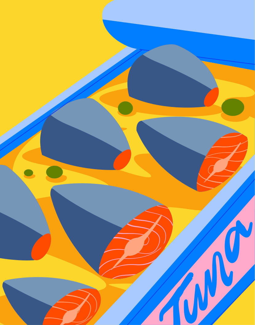 Una caja de atún sobre fondo amarillo