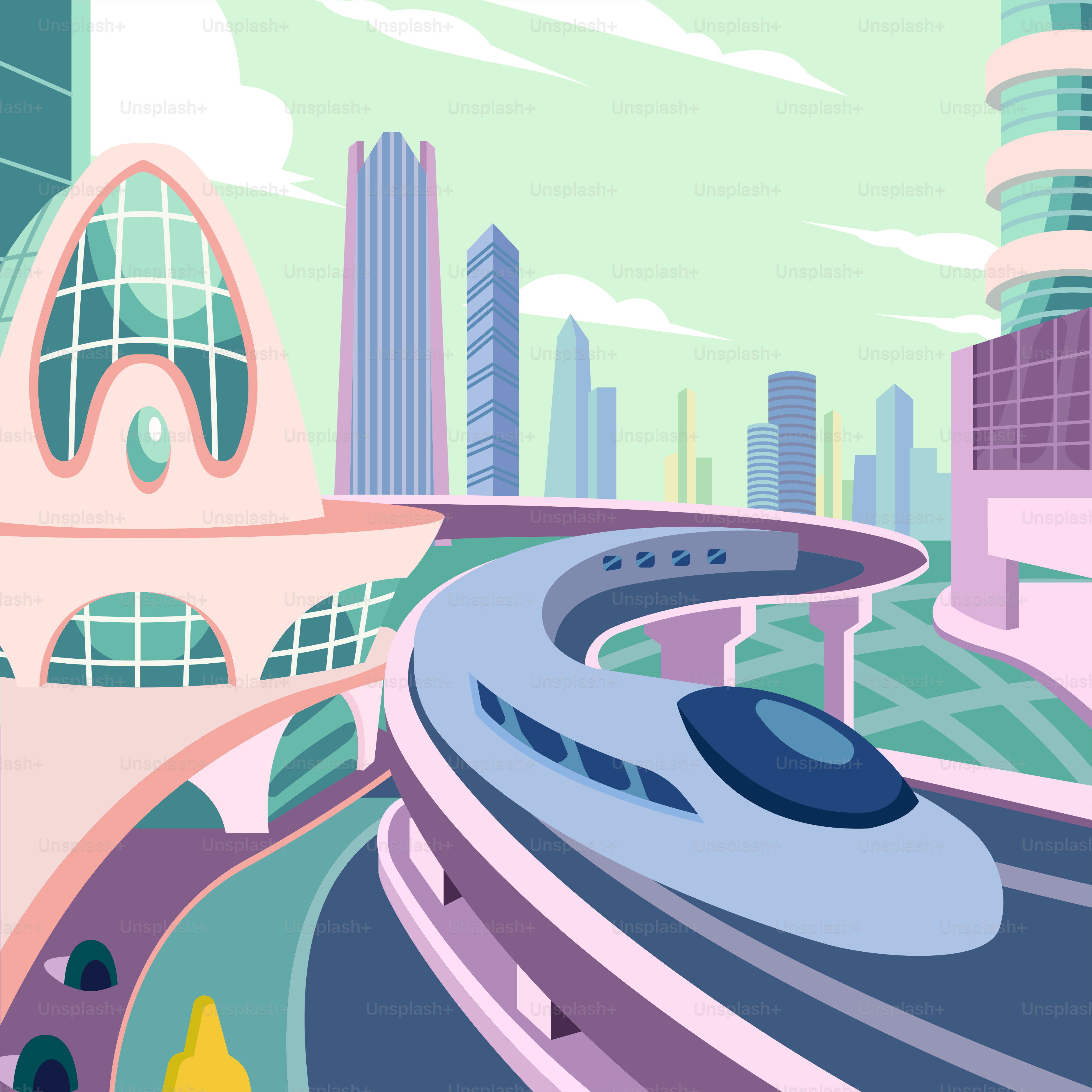 A train traveling through a city next to tall buildings