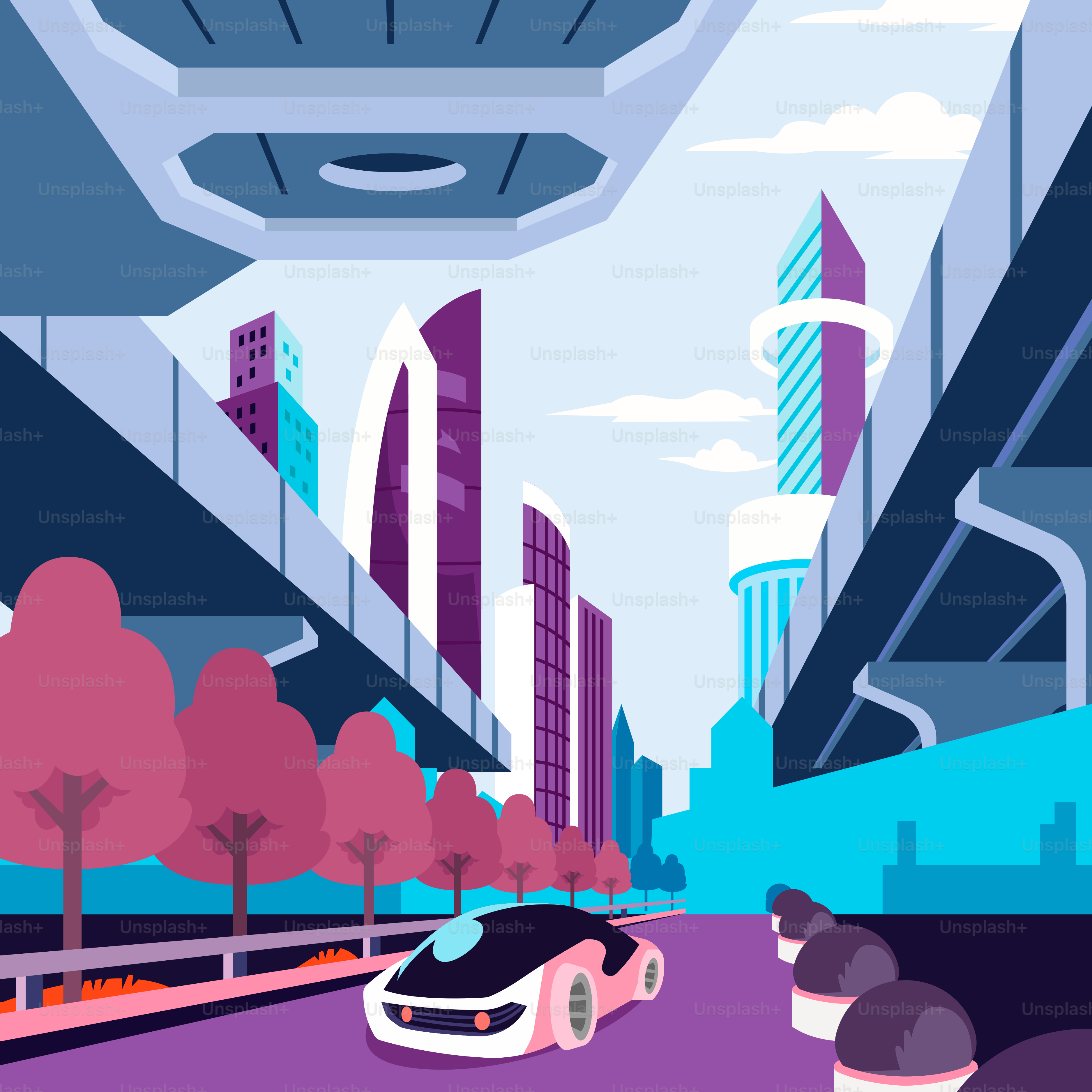 A car driving down a street next to tall buildings