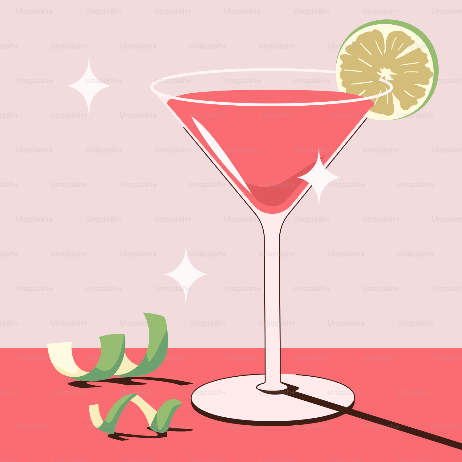 Un cóctel rosa con una rodaja de lima en el borde