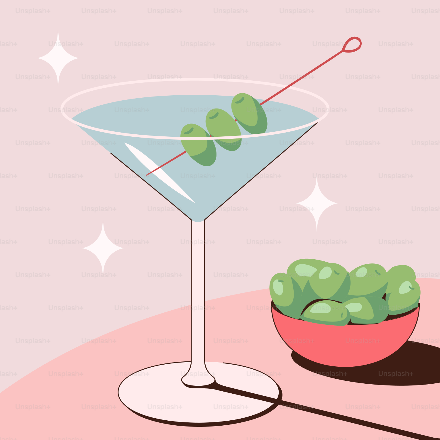 A martini glass with olives in it and a bowl of olives