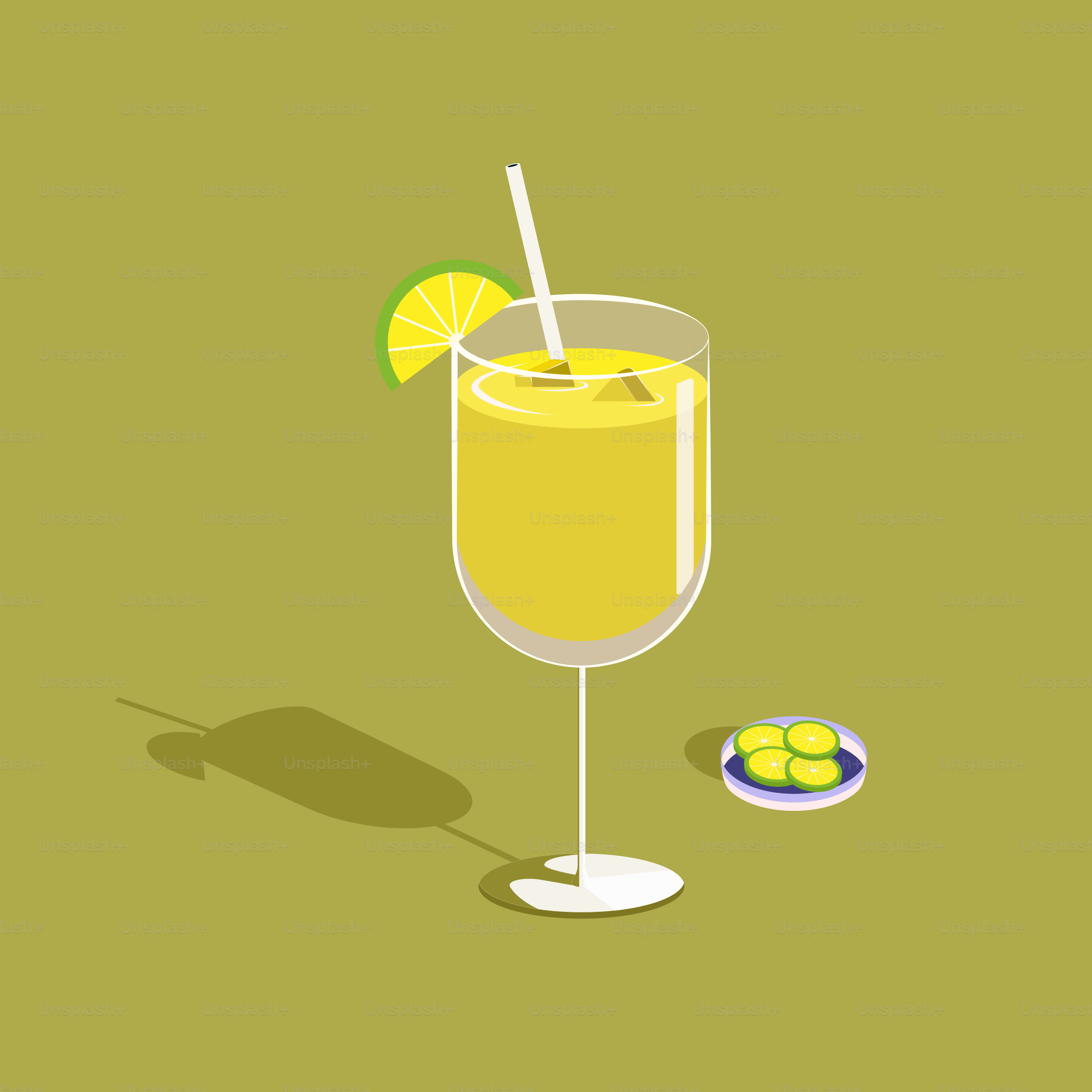 A glass of lemonade with a straw and a slice of lemon
