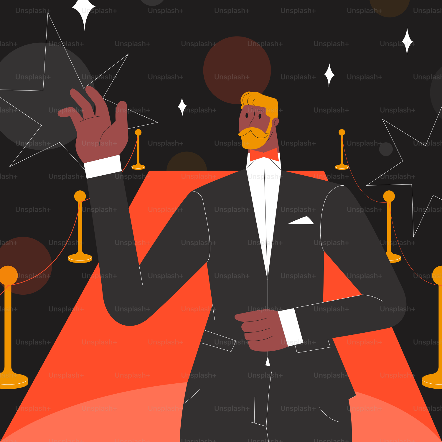 A man in a tuxedo standing in front of a red carpet