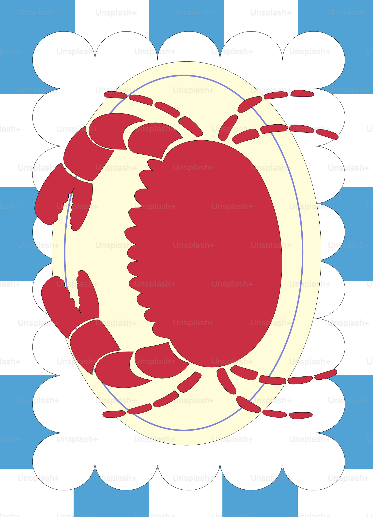 Un crabe sur un fond rayé bleu et blanc