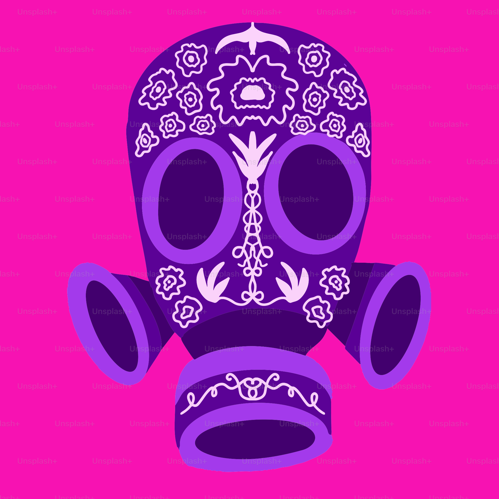 A purple sugar skull on a pink background