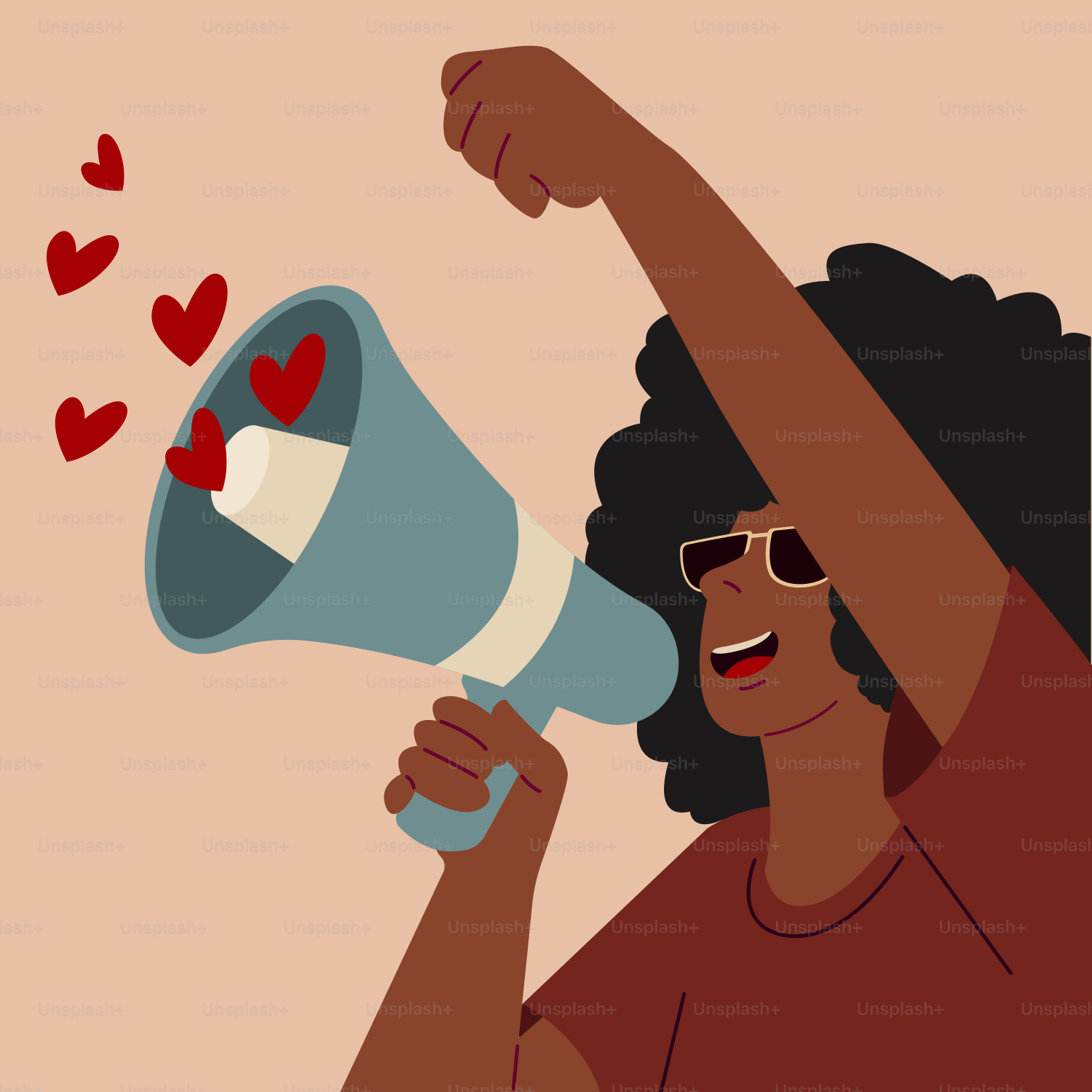 A woman holding a megaphone with hearts coming out of it