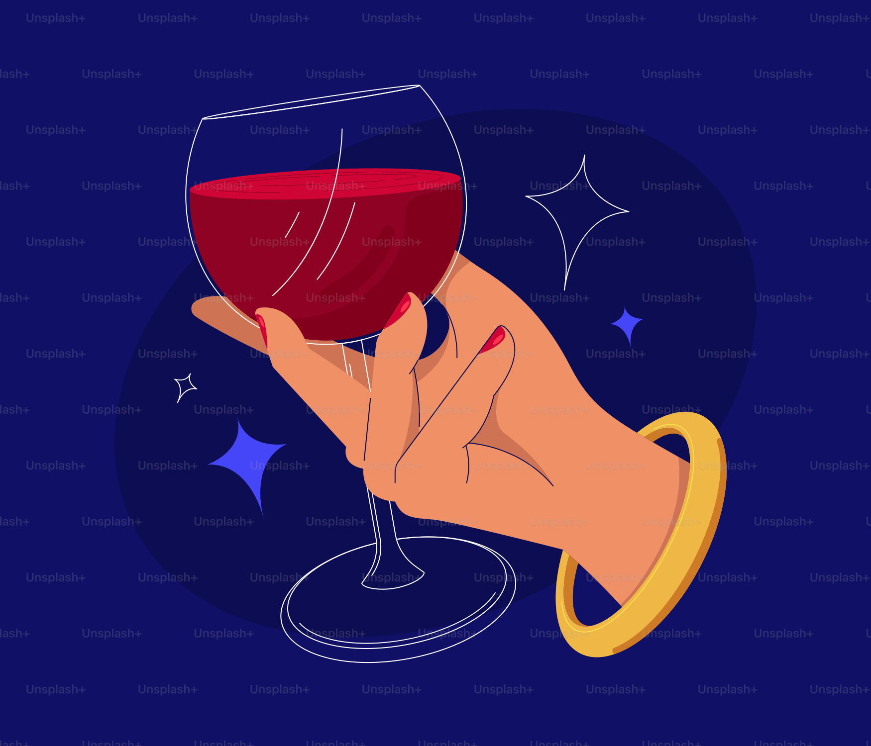 A hand holding a glass of red wine