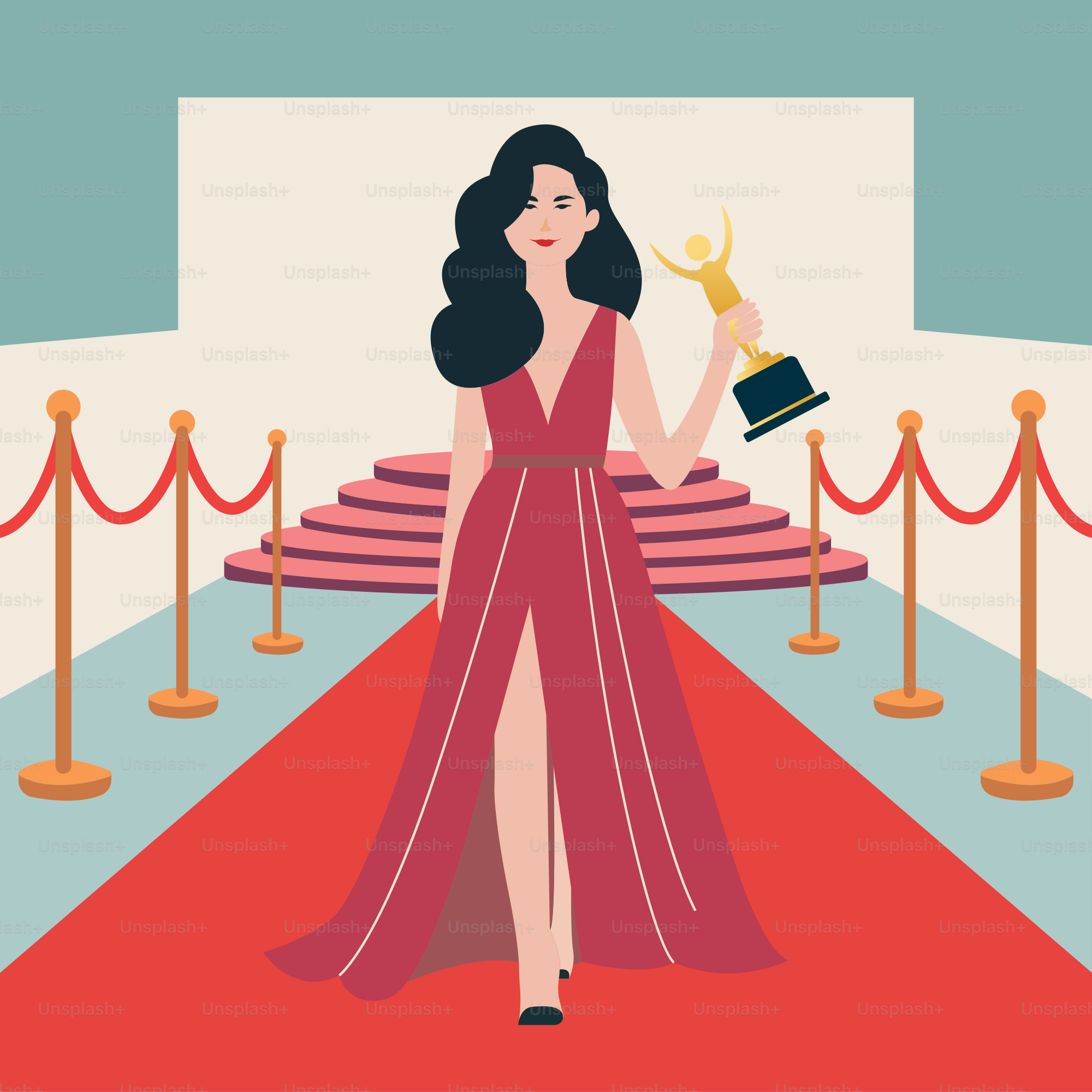 A woman standing on a red carpet holding an award