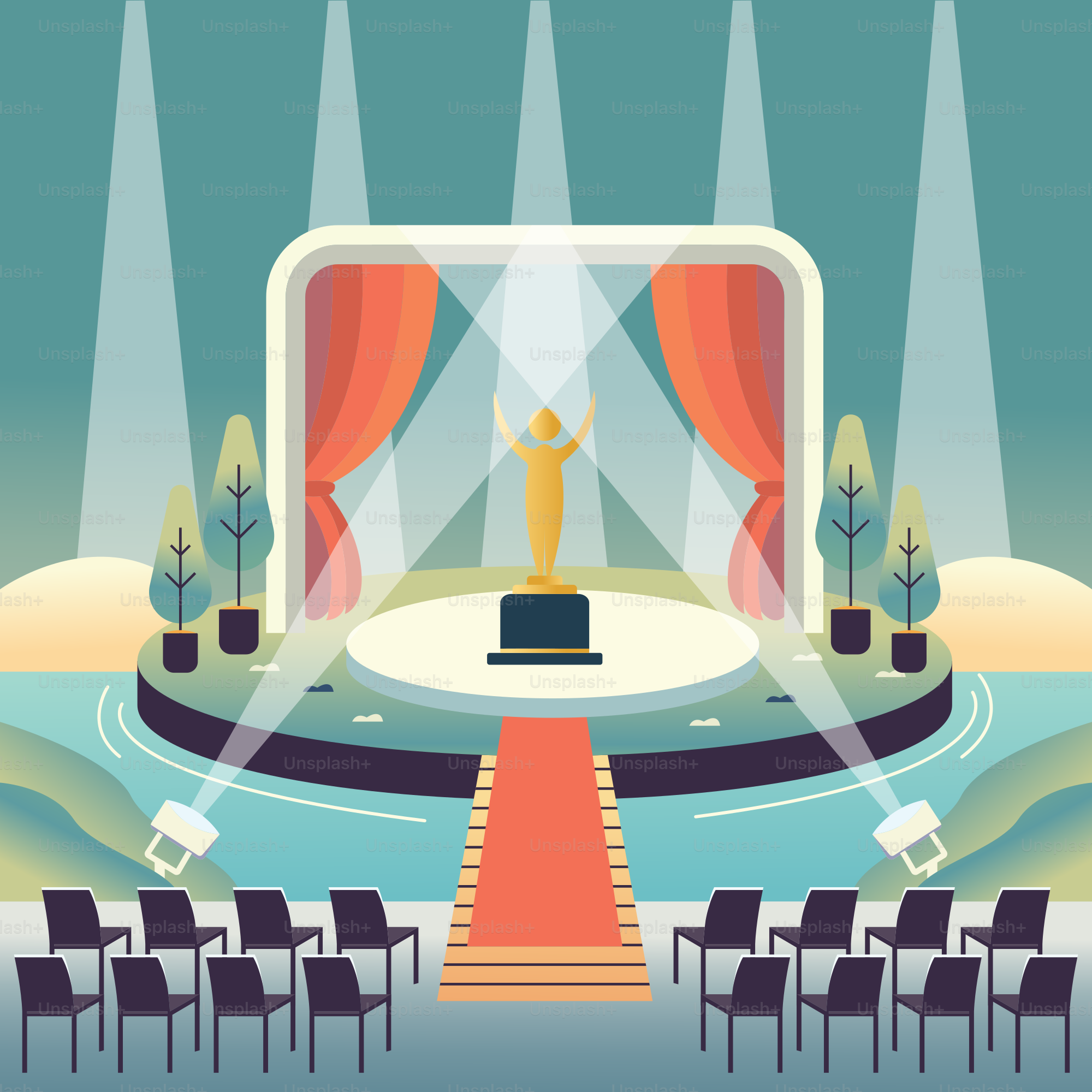 A stage with a red carpet and a podium with a statue on it