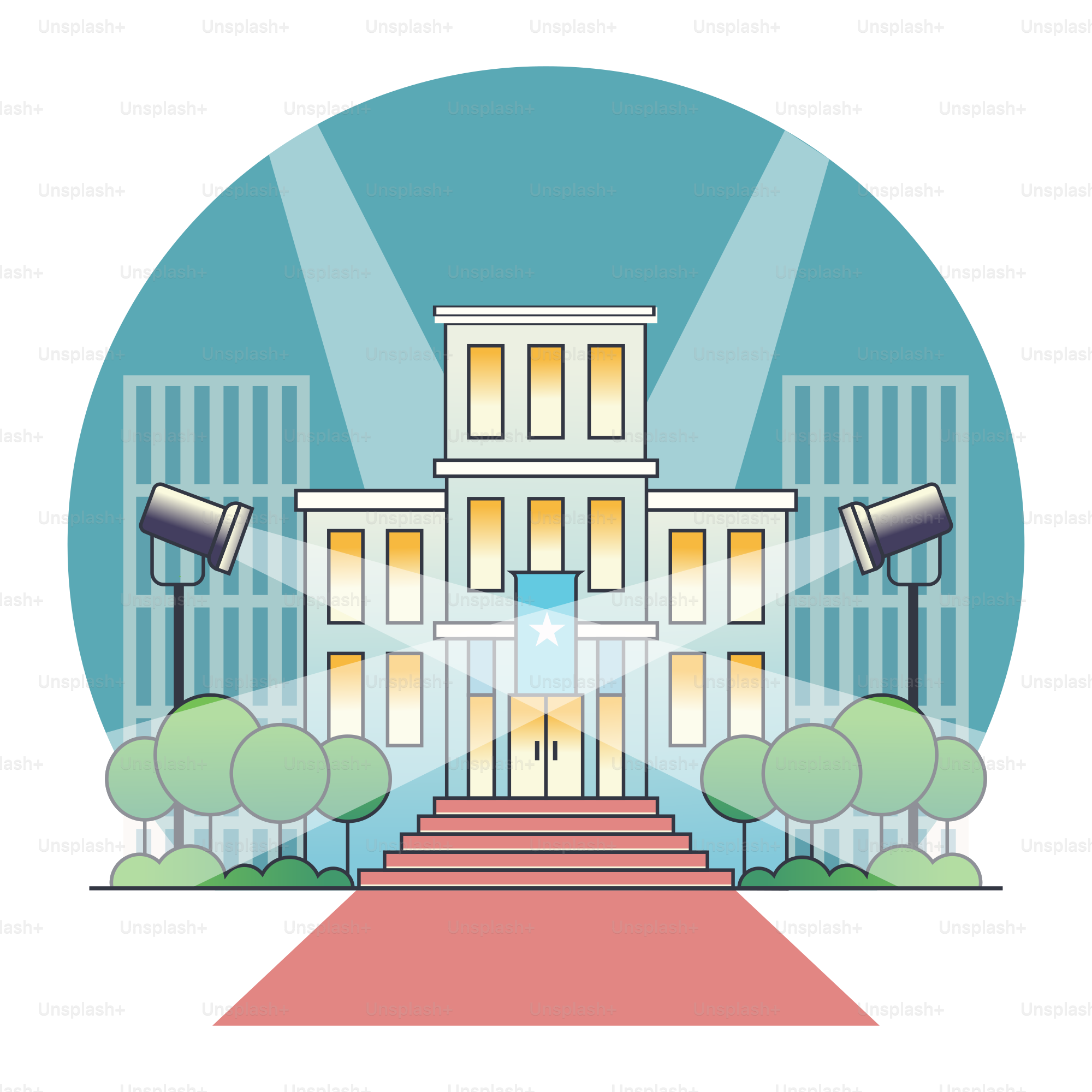 A white building with a red carpet and stairs