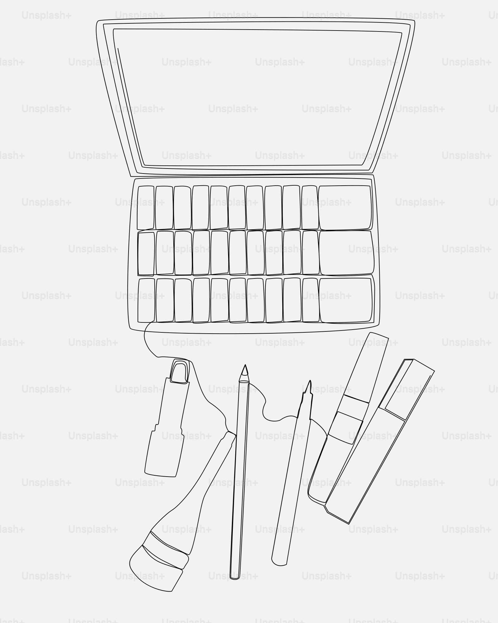 A drawing of a laptop with a keyboard and tools