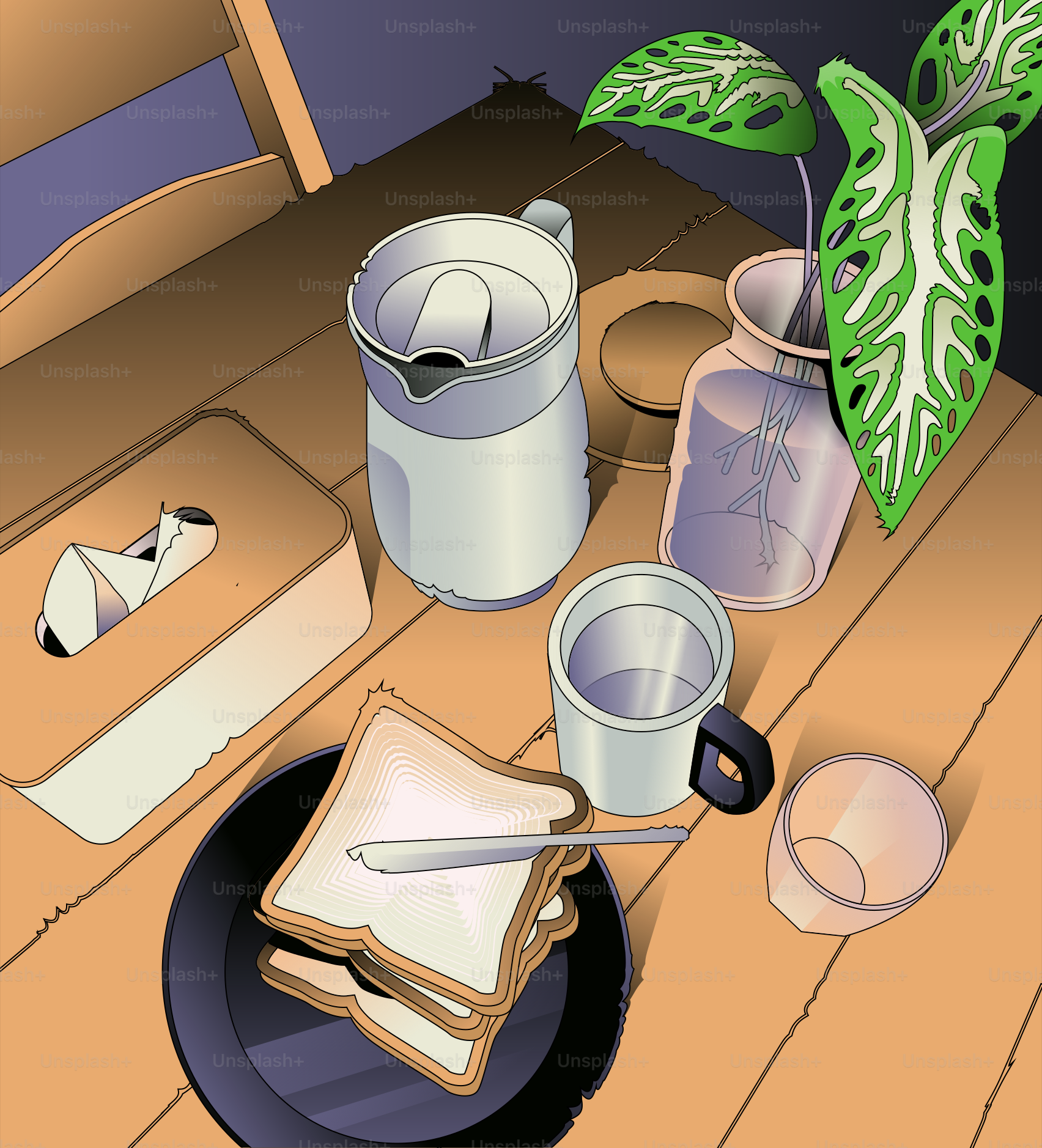 A wooden table topped with a plate of food and a potted plant