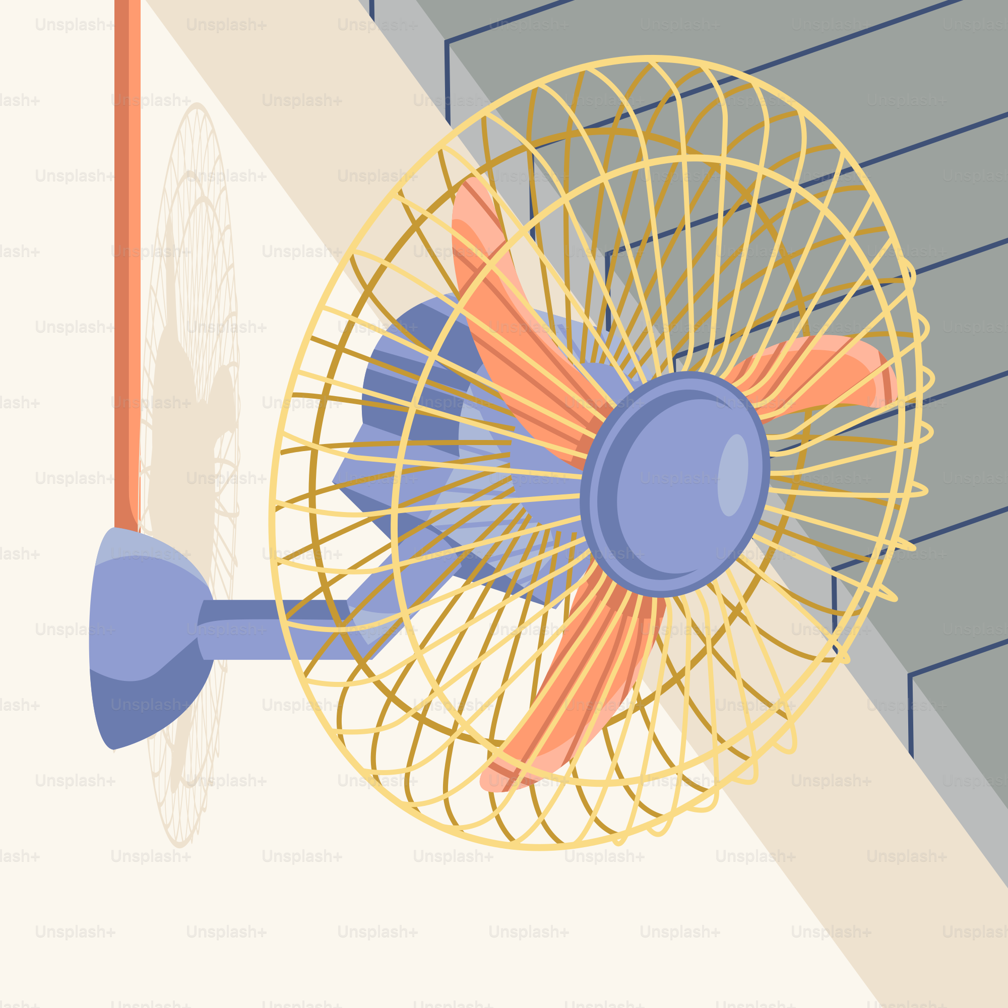 Un ventilatore giallo e blu appoggiato sul lato di un edificio