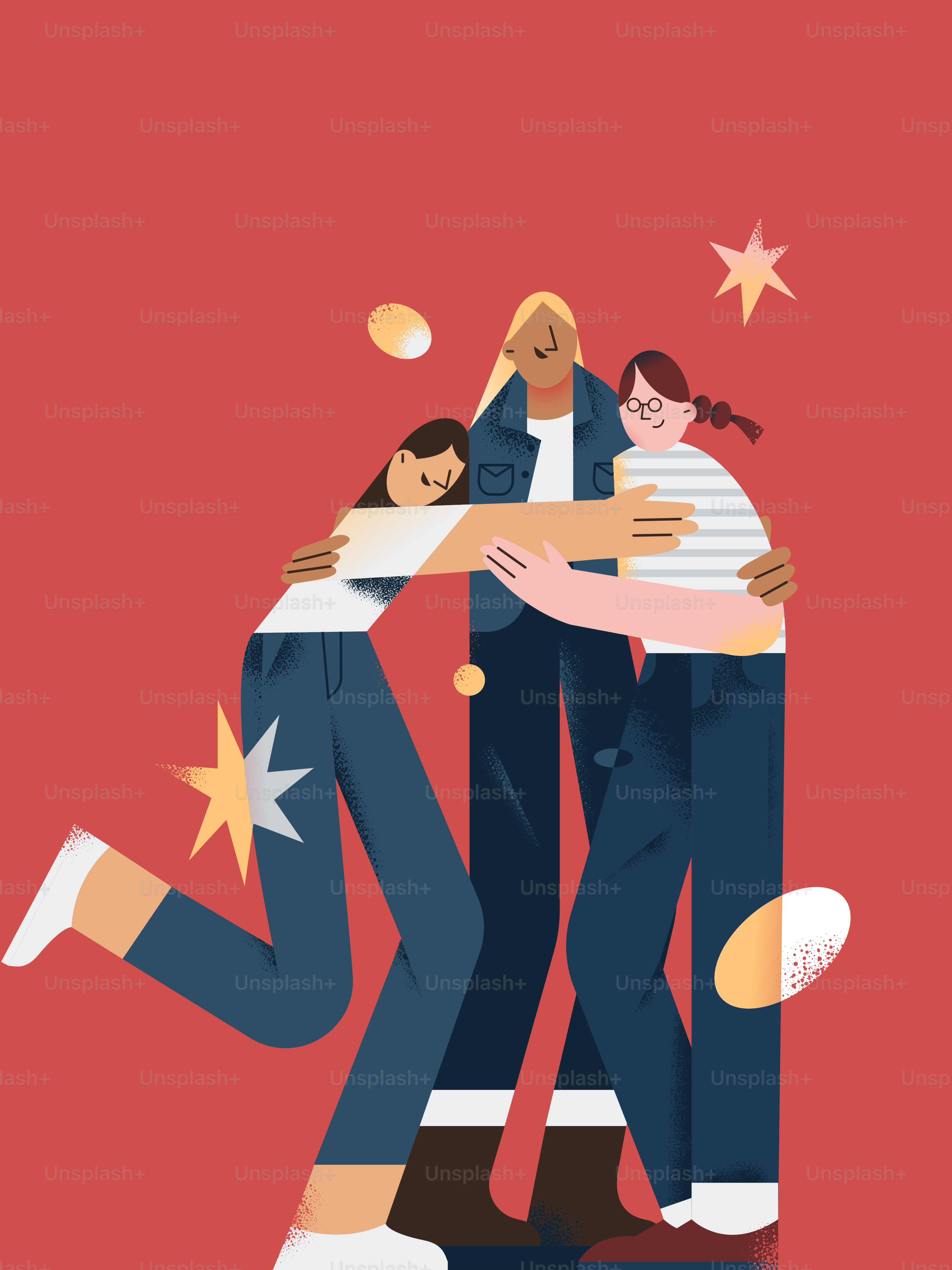A group of people hugging each other on a red background