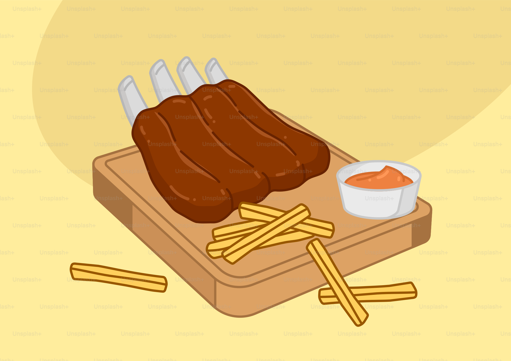 A picture of a plate of food that includes ribs and french fries