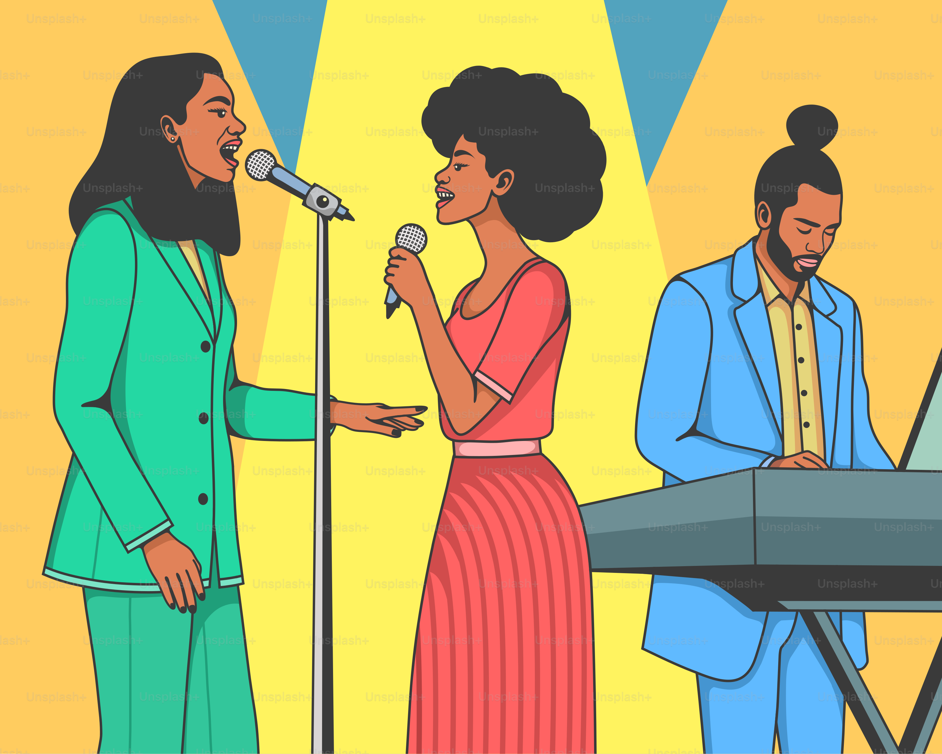 A couple of people that are standing in front of a microphone