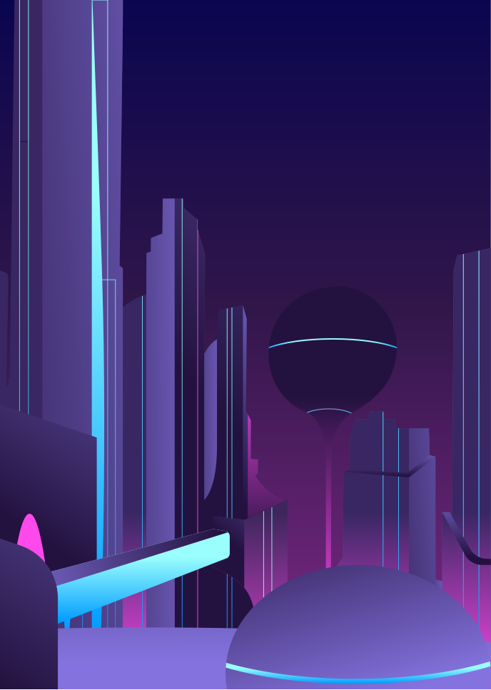 A futuristic city at night with neon lights