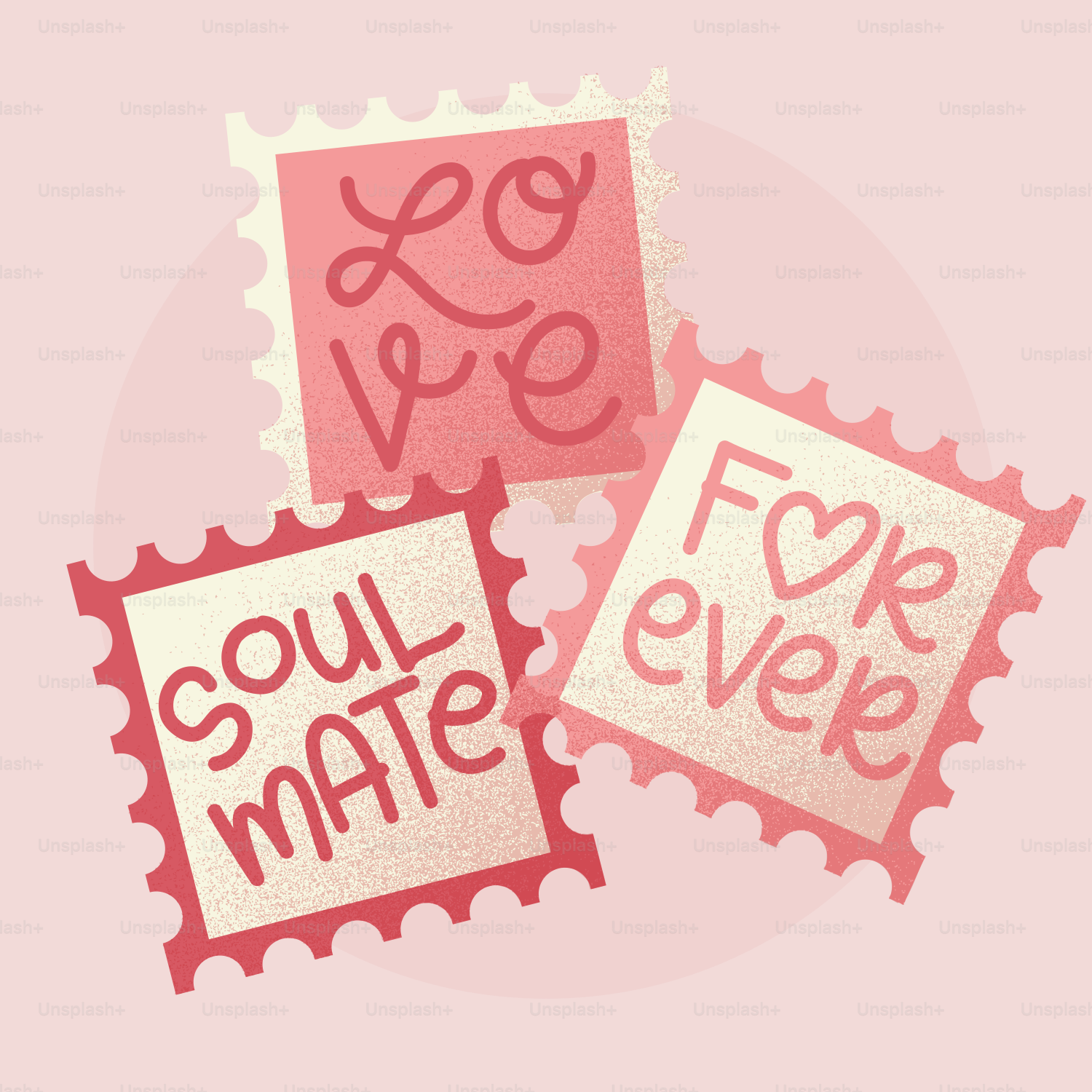 A couple of stamps that are on a pink surface
