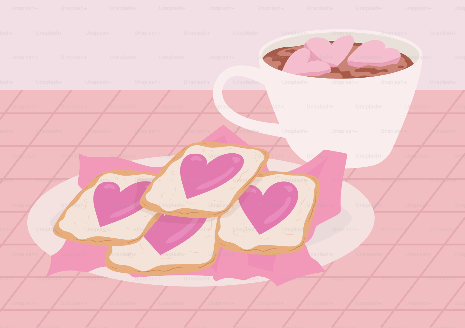 A plate of heart shaped cookies next to a cup of coffee