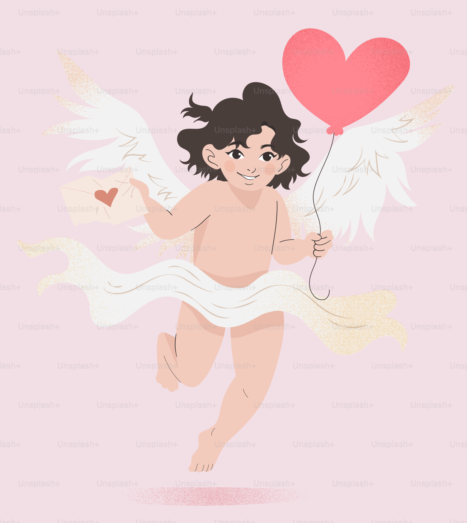 A cupid angel with a heart shaped balloon
