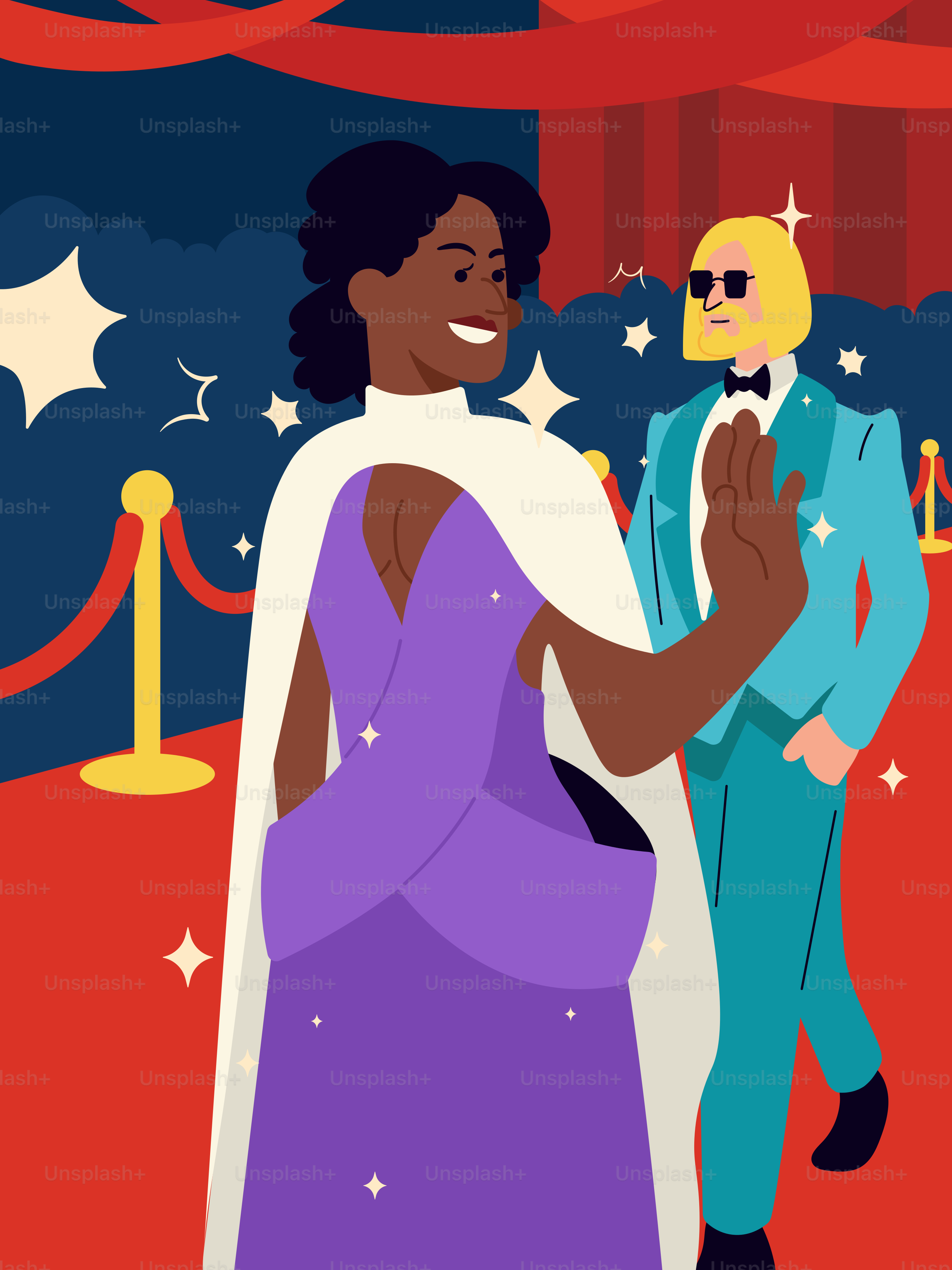 A woman in a purple dress standing next to a man in a blue suit